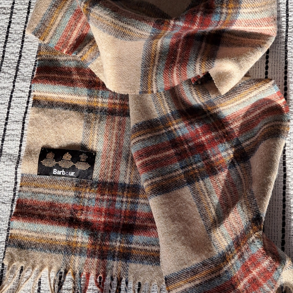 Barbour Beige and Red Plaid Scarf